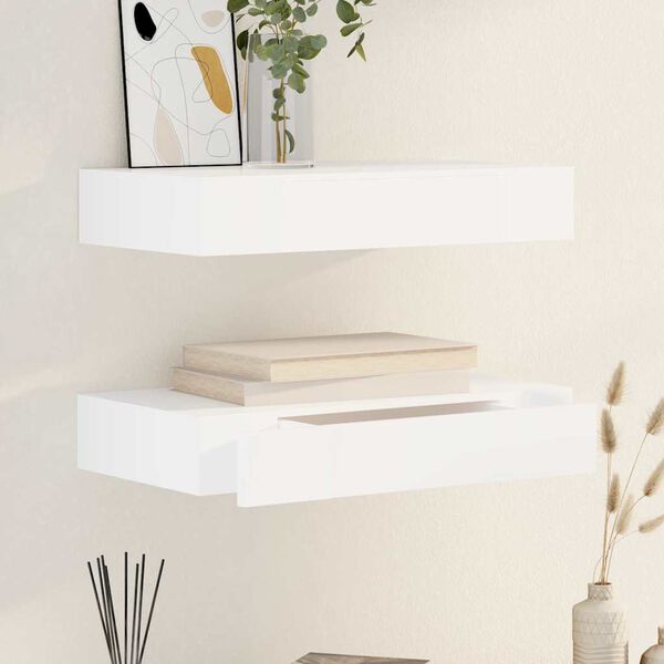 White MDF Floating Wall Display Shelf 1 Drawer Book/DVD Storage