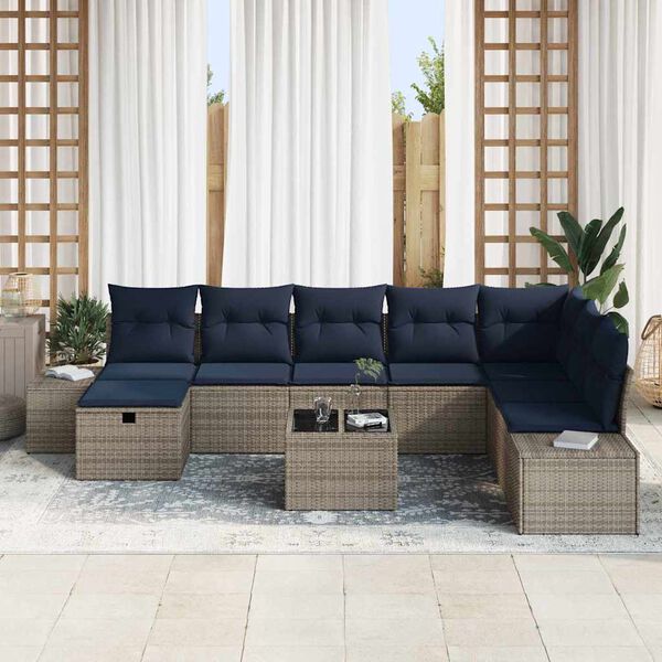 vidaXL Garden Sofa Set with Cushion 9 pcs Grey Poly Rattan