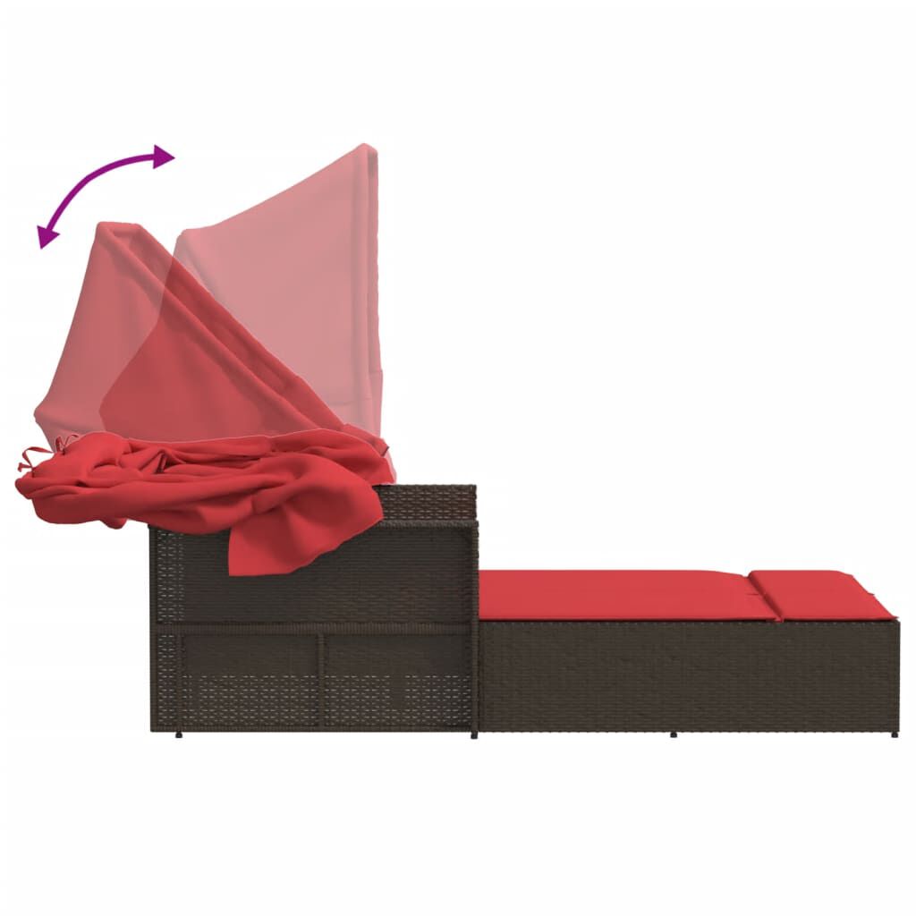 vidaXL Double Sun Lounger with Canopy and Cushions Brown Poly Rattan