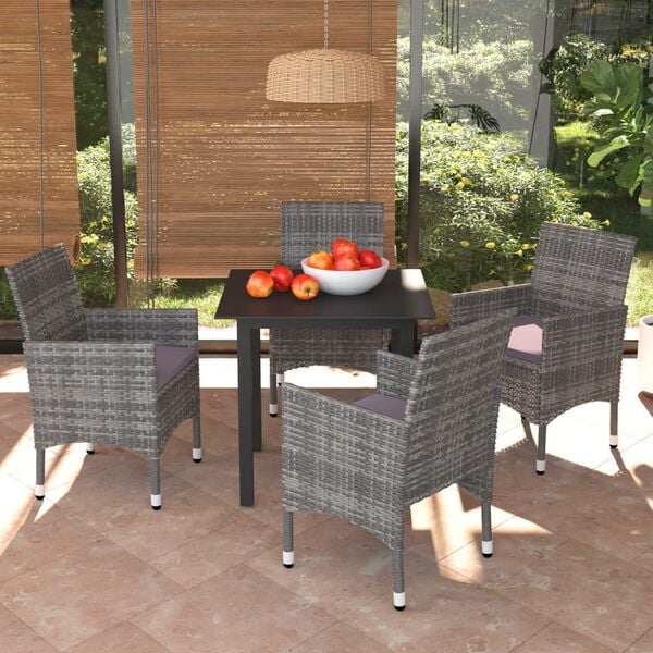 vidaXL 5 Piece Garden Dining Set with Cushions Poly Rattan Grey