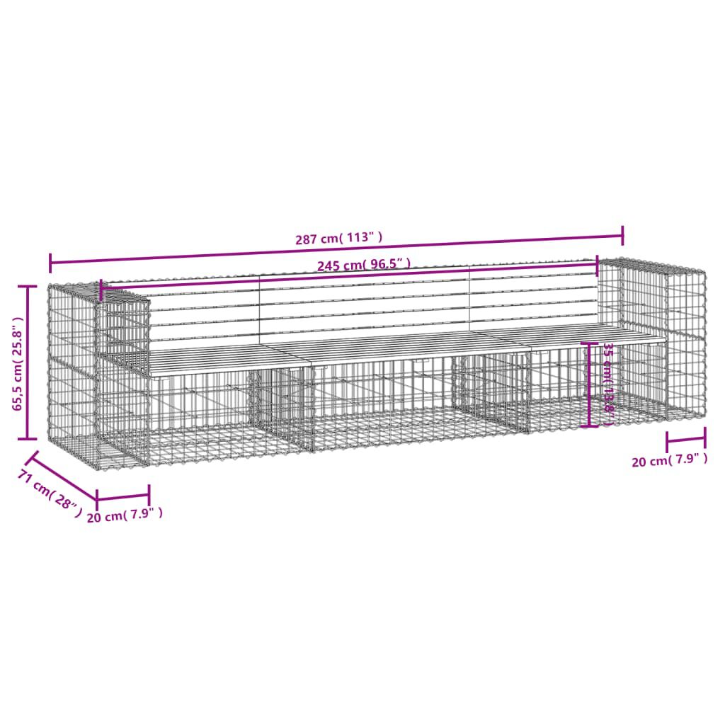 vidaXL Garden Bench Gabion Design 287x71x65.5 cm Solid Wood Pine