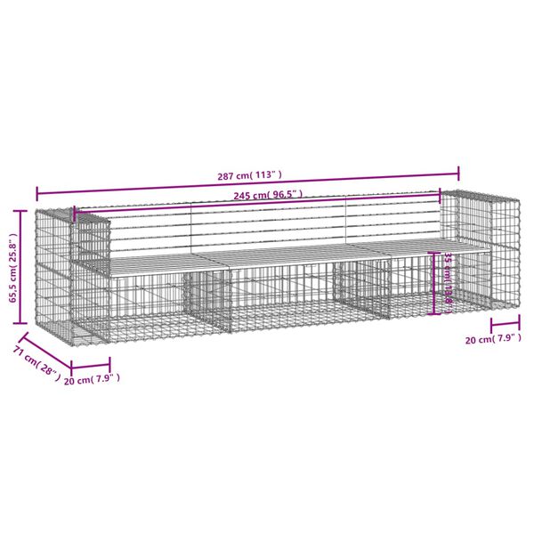 vidaXL Garden Bench Gabion Design 287x71x65.5 cm Solid Wood Pine