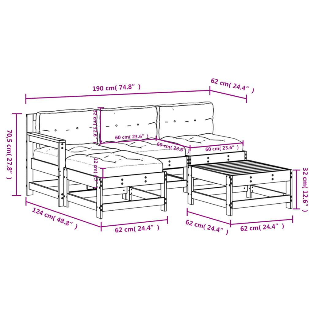 vidaXL 5 Piece Garden Lounge Set with Cushions White Solid Wood
