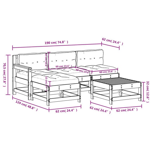 vidaXL 5 Piece Garden Lounge Set with Cushions White Solid Wood