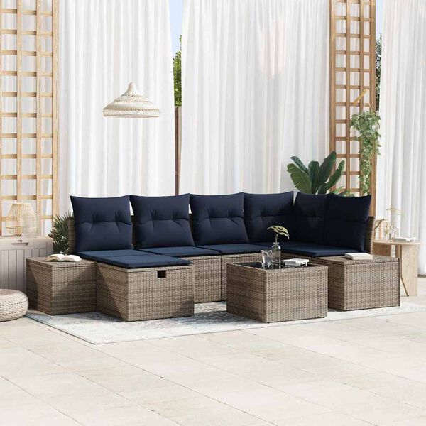 vidaXL Garden Sofa Set with Cushion 7 pcs Grey Poly Rattan
