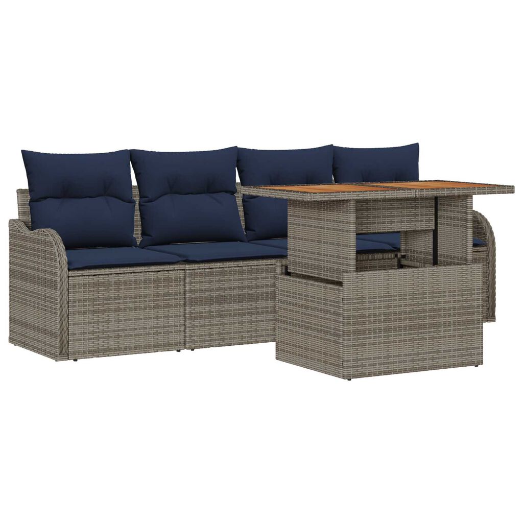 vidaXL 5 Piece Garden Sofa Set with Cushions Grey Poly Rattan Acacia