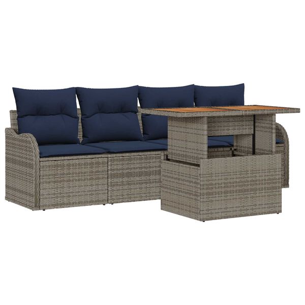 vidaXL 5 Piece Garden Sofa Set with Cushions Grey Poly Rattan Acacia