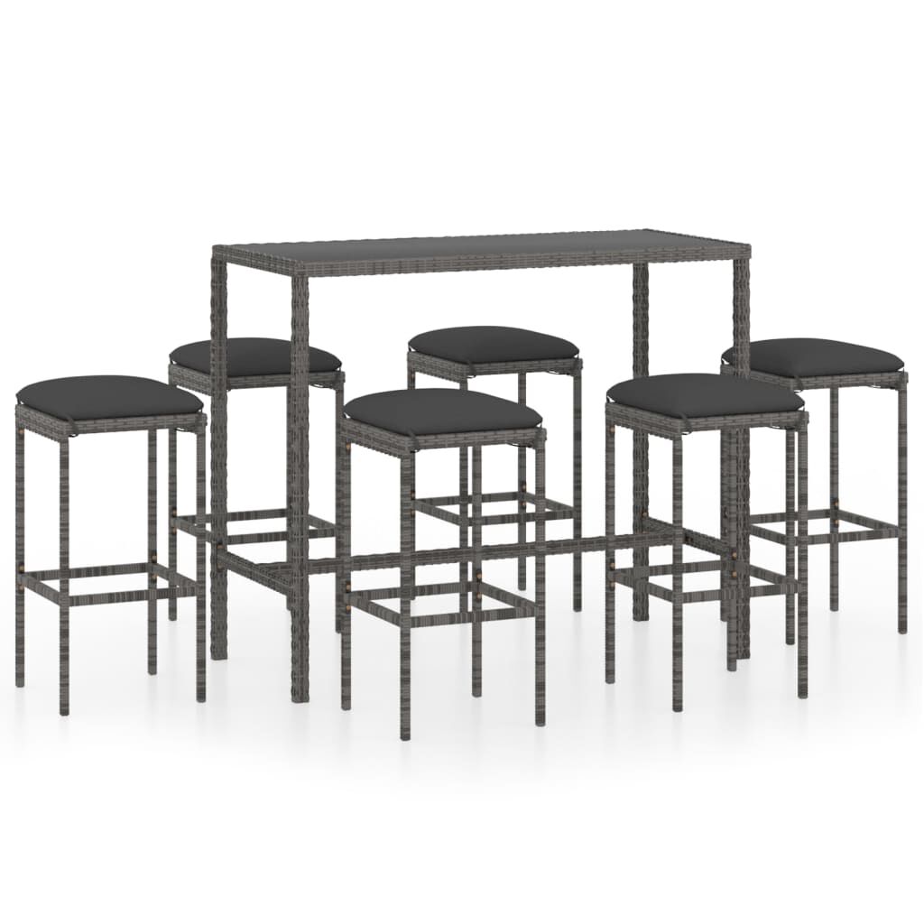 vidaXL 7 Piece Garden Bar Set with Cushions Poly Rattan Grey