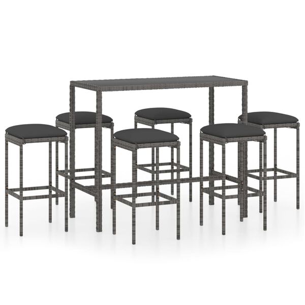 vidaXL 7 Piece Garden Bar Set with Cushions Poly Rattan Grey