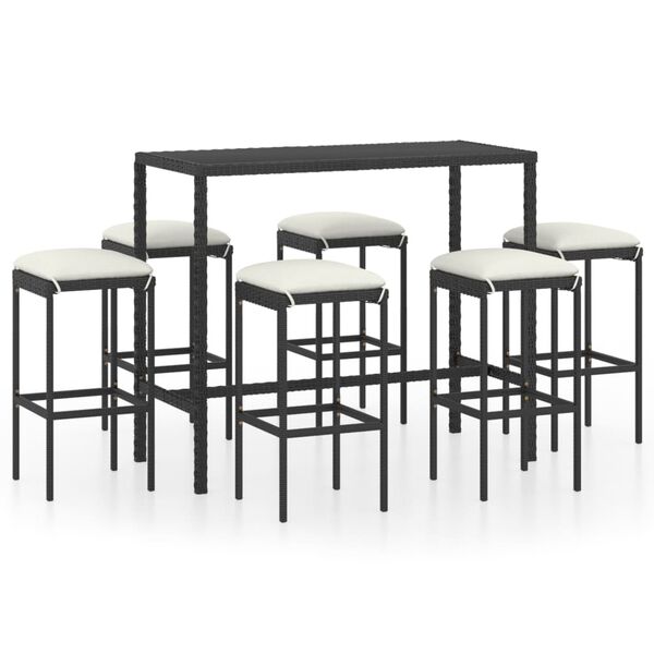 vidaXL 7 Piece Garden Bar Set with Cushions Poly Rattan Black