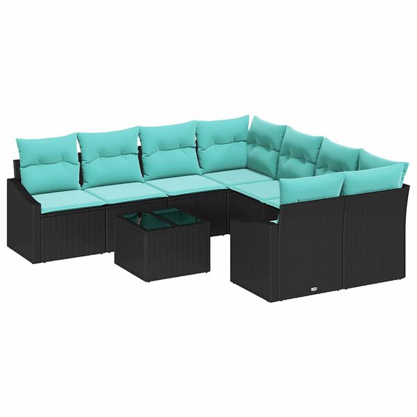 vidaXL Sofa Set with Cushion 9 pcs Black and Turquiose Poly Rattan