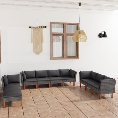 vidaXL 10 Piece Garden Lounge Set with Cushions Poly Rattan Grey
