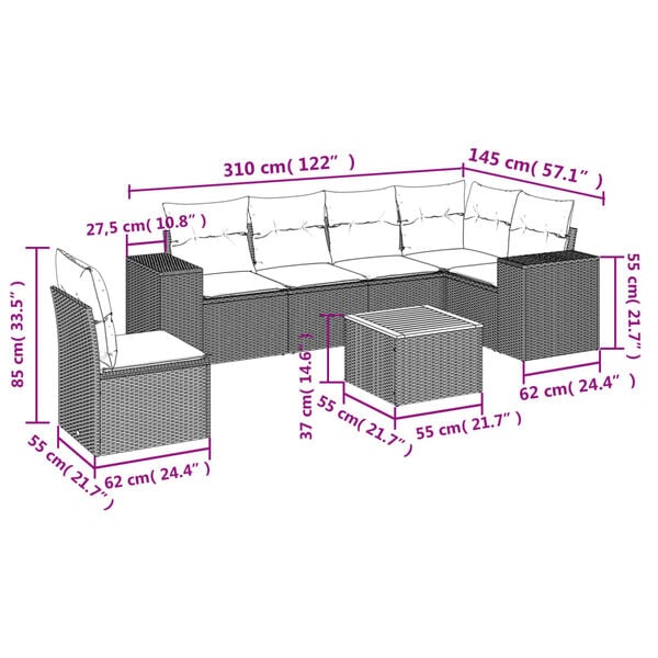 vidaXL 7 Piece Garden Sofa Set with Cushions Grey Poly Rattan