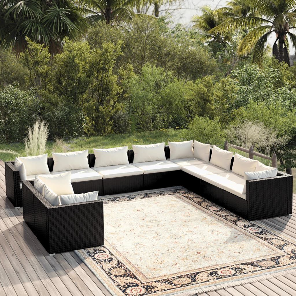 vidaXL 10 Piece Garden Lounge Set with Cushions Black Poly Rattan