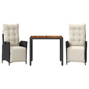 vidaXL 3 Piece Garden Dining Set with Cushions Black Poly Rattan