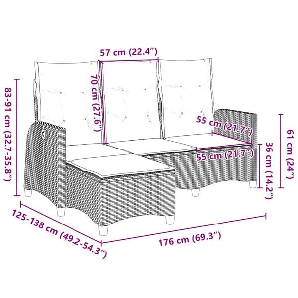vidaXL Reclining Garden Sofa with Cushions L-shaped Beige Poly Rattan