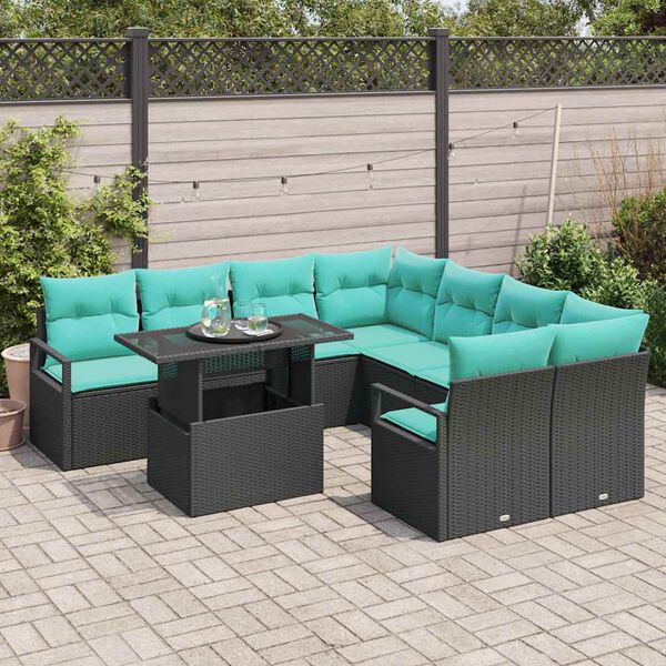 vidaXL Garden Sofa Set with Cushion 9 pcs Black Poly rattan