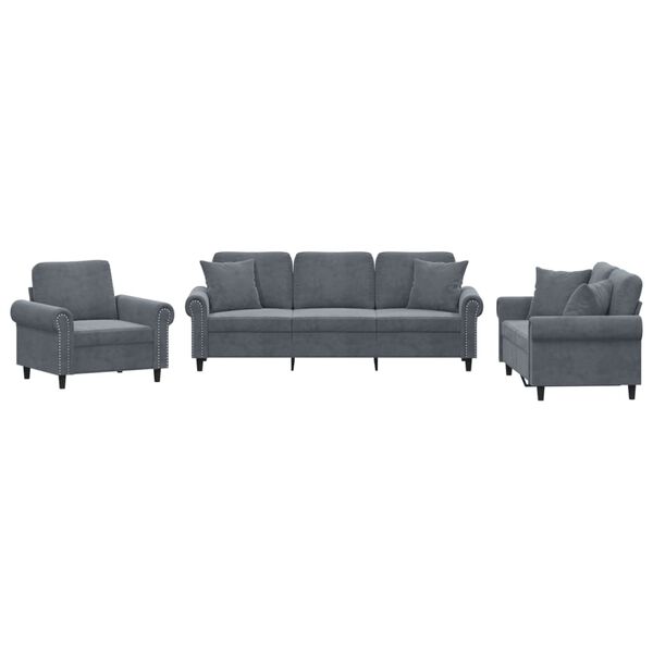 vidaXL 3 Piece Sofa Set with Pillows Dark Grey Velvet
