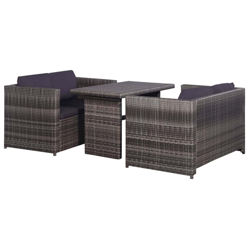 vidaXL 3 Piece Bistro Set Poly with Cushions Rattan Grey