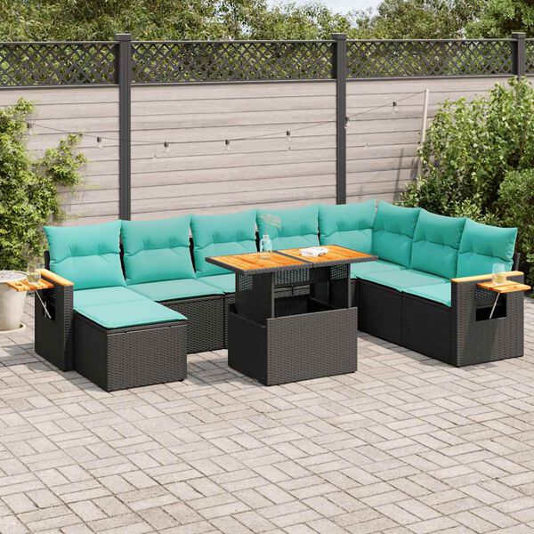 vidaXL 10 Piece Garden Sofa Set with Cushions Black Poly Rattan Acacia