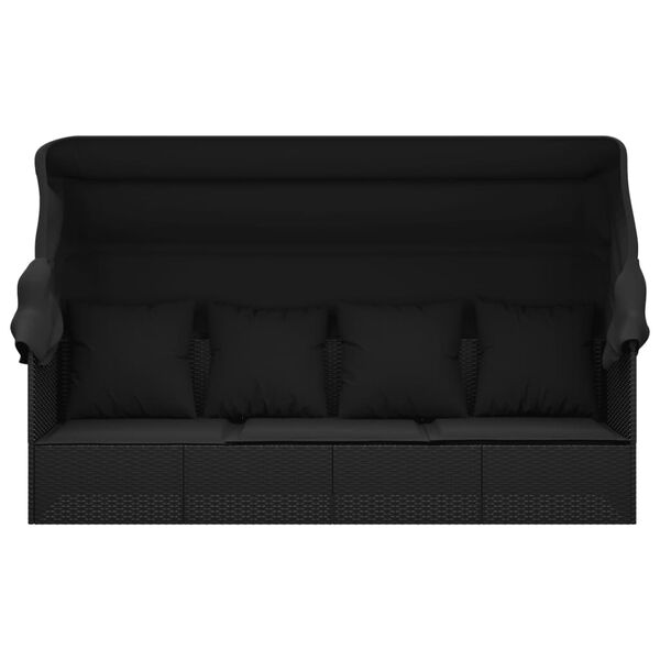 vidaXL Outdoor Lounge Bed with Roof and Cushions Black Poly Rattan