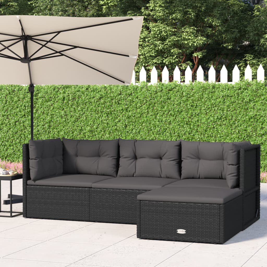 vidaXL 4 Piece Garden Lounge Set with Cushions Black Poly Rattan