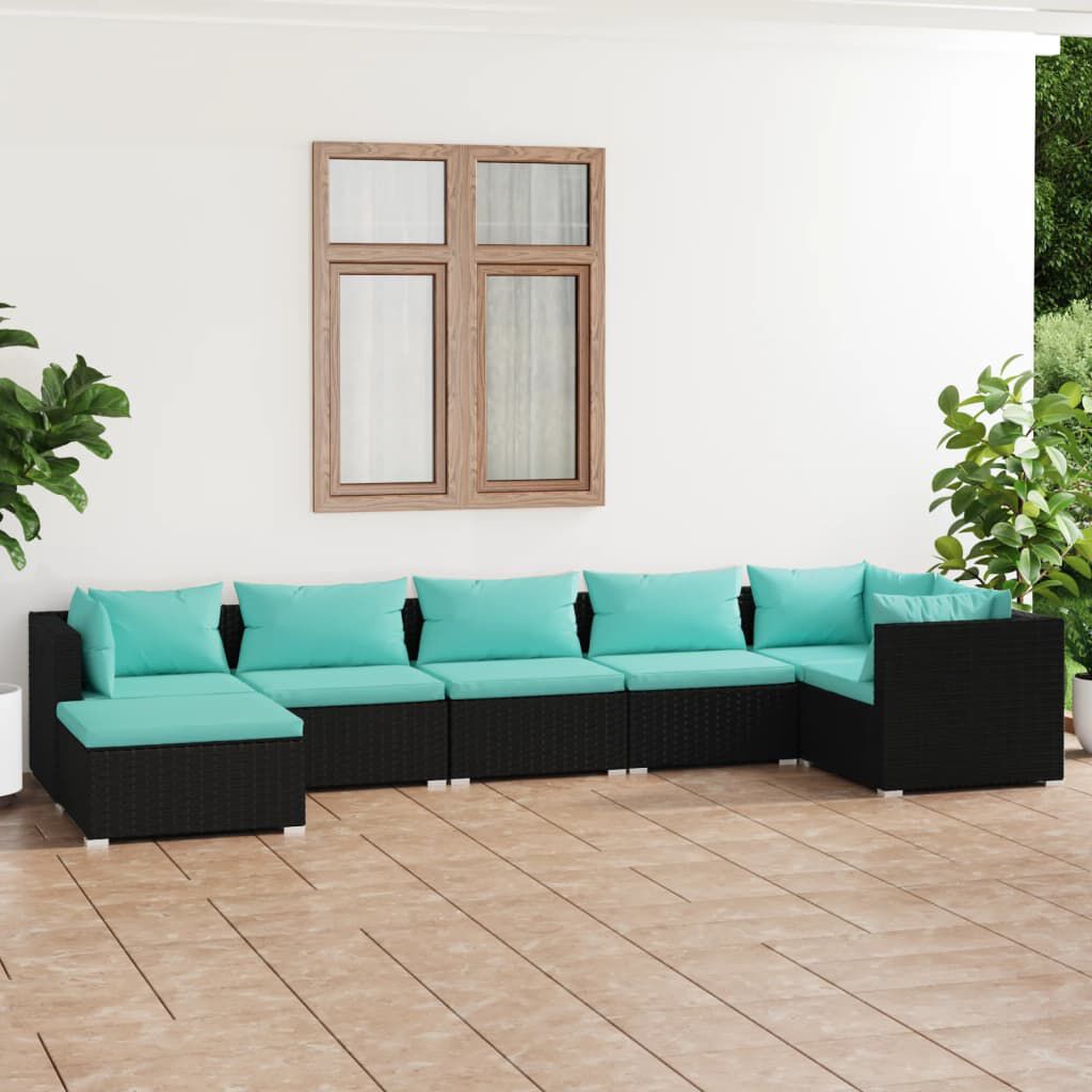 vidaXL 7 Piece Garden Lounge Set with Cushions Poly Rattan Black