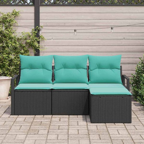 vidaXL Sofa Set with Cushion 4 pcs Black and Turquoise Poly Rattan