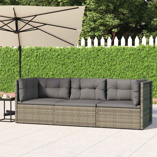 vidaXL 3 Piece Garden Lounge Set with Cushions Grey Poly Rattan