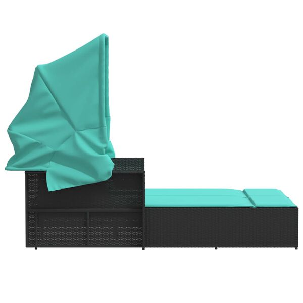 vidaXL Double Sun Lounger with Canopy and Cushions Black Poly Rattan