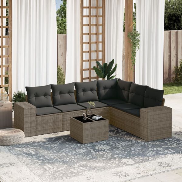 vidaXL 7 Piece Garden Sofa Set with Cushions Grey Poly Rattan