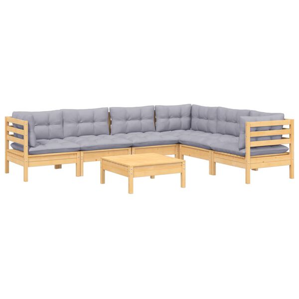 vidaXL 7 Piece Garden Lounge Set with Grey Cushions Solid Pinewood