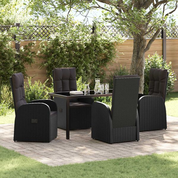 vidaXL Garden Dining Set with Cushion 5 pcs Black Poly Rattan