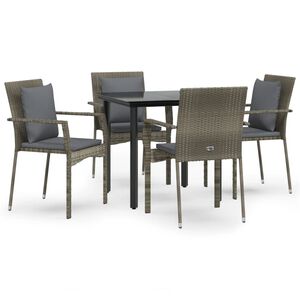 vidaXL 5 Piece Garden Dining Set with Cushions Black and Grey Poly Rattan