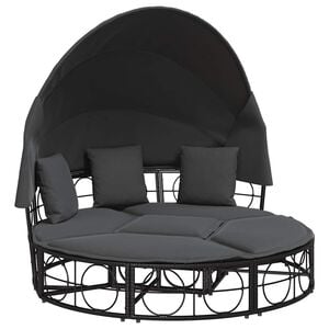 vidaXL Outdoor Lounge Bed with Canopy and Cushions Black Poly Rattan