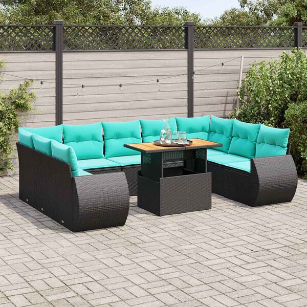 vidaXL 10 Piece Garden Sofa Set with Cushions Black Poly Rattan