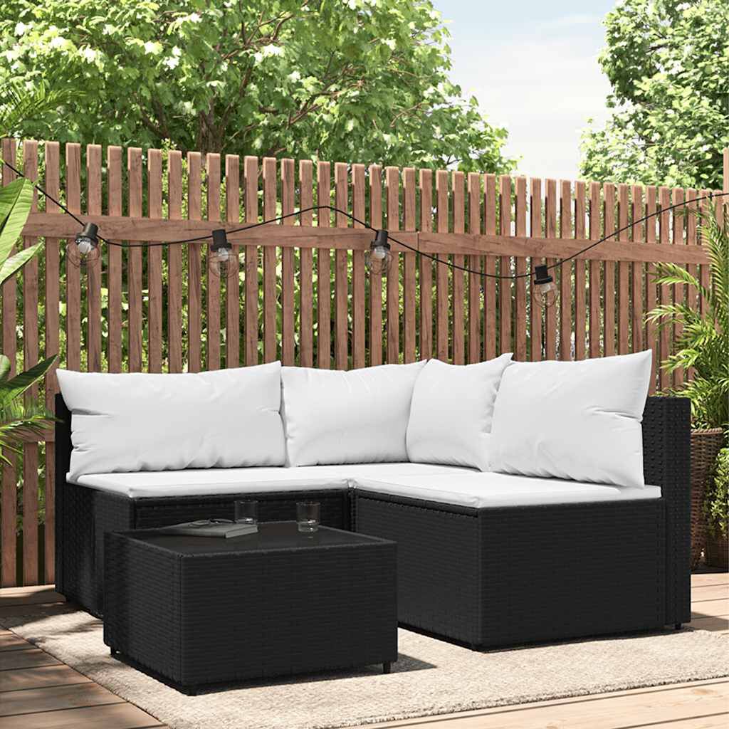 vidaXL 4 Piece Garden Lounge Set with Cushions Black Poly Rattan