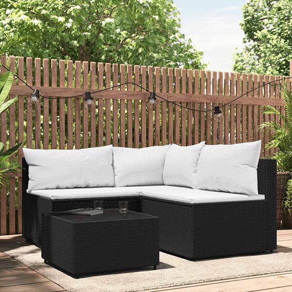 vidaXL 4 Piece Garden Lounge Set with Cushions Black Poly Rattan