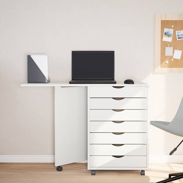 vidaXL Rolling Cabinet with Desk MOSS White Solid Wood Pine
