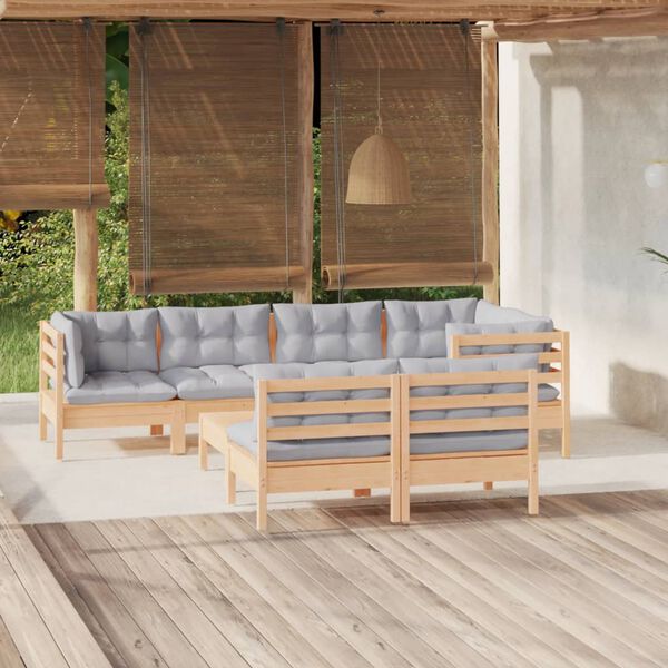 vidaXL 8 Piece Garden Lounge Set with Grey Cushions Solid Pinewood