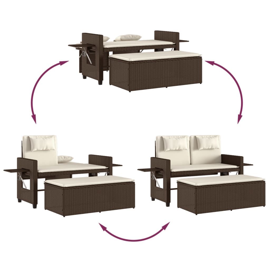 vidaXL Reclining Garden Bench with Cushions Brown Poly Rattan