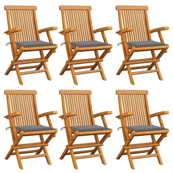 vidaXL Garden Chairs with Grey Cushions 6 pcs Solid Teak Wood