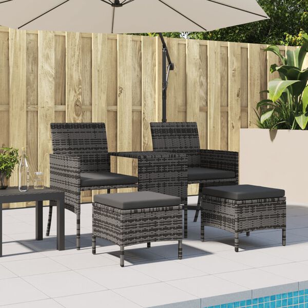 vidaXL 2-Seater Garden Sofa with Tea Table & Stools Poly Rattan Grey