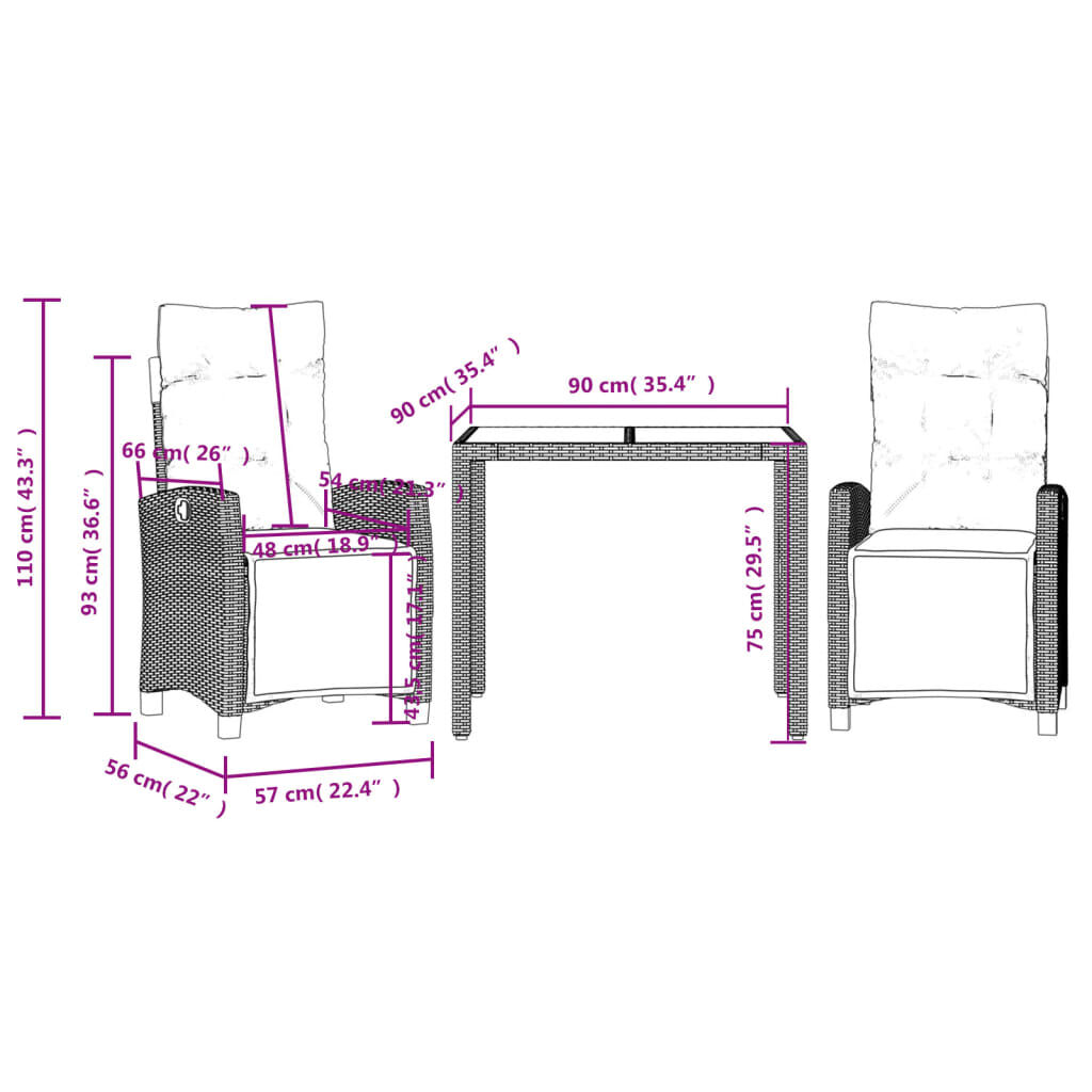 vidaXL 3 Piece Garden Dining Set with Cushions Black Poly Rattan