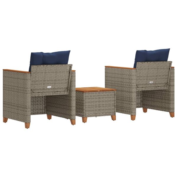 vidaXL 3 Piece Bistro Set with Cushions Grey Poly Rattan Acacia Wood