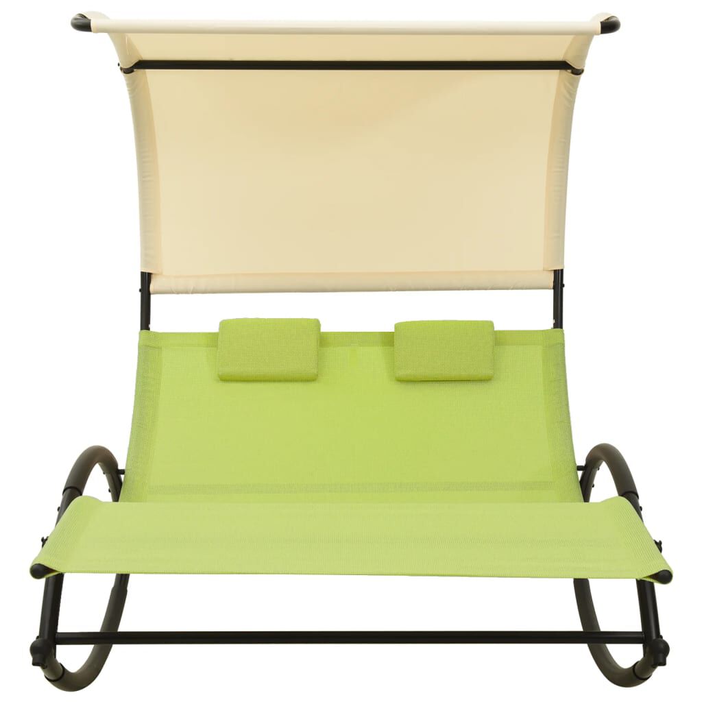 vidaXL Double Sun Lounger with Canopy Textilene Green and Cream