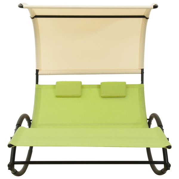 vidaXL Double Sun Lounger with Canopy Textilene Green and Cream
