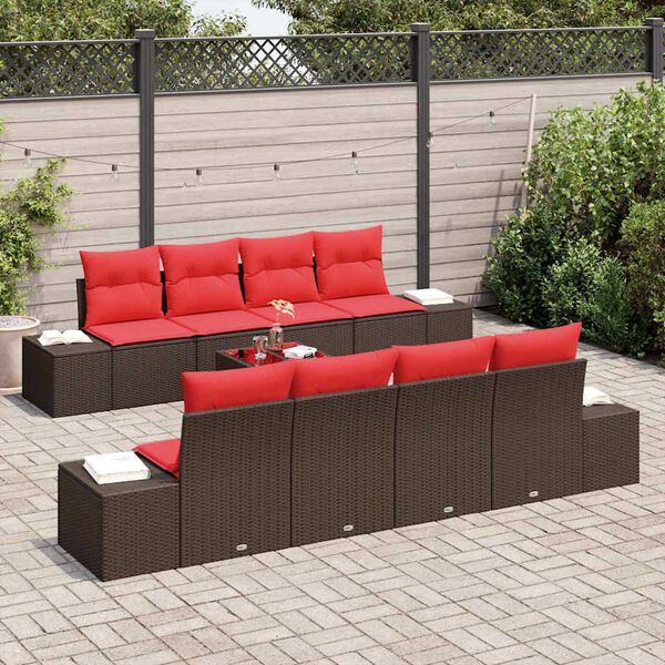 vidaXL Garden Sofa Set with Cushion 9 pcs Brown Poly Rattan