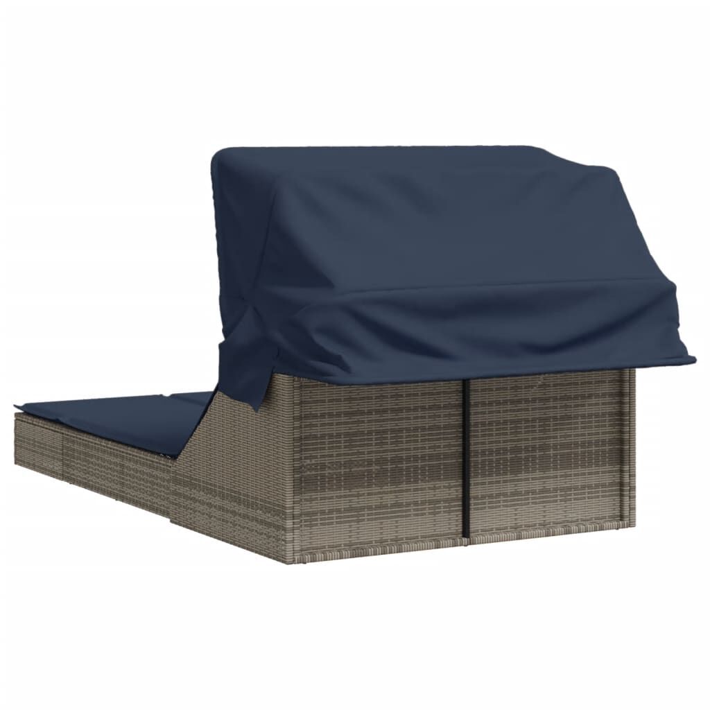 vidaXL Double Sun Lounger with Canopy and Cushions Grey Poly Rattan
