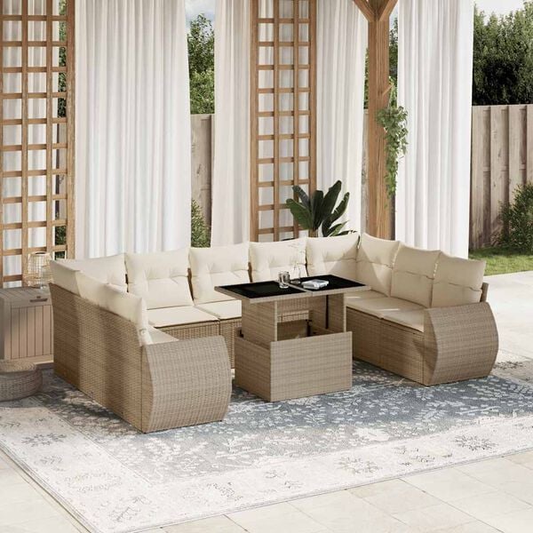 vidaXL 10 Piece Garden Sofa Set with Cushions Beige Poly Rattan